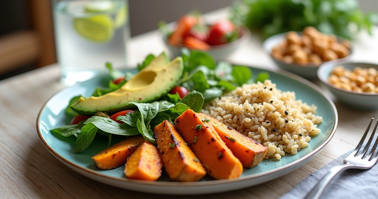 Prato colorido com vegetais, grãos integrais e fontes de proteína 