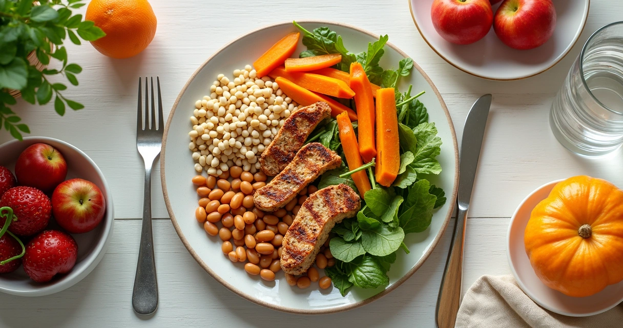 Prato equilibrado com legumes, feijão, proteína e frutas