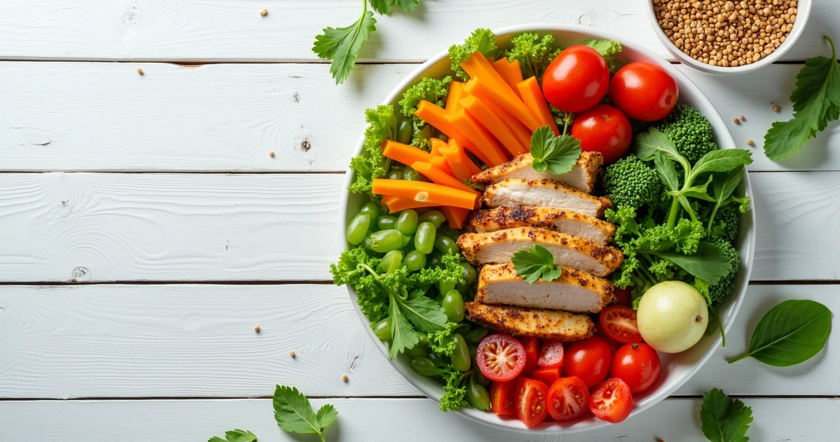 Prato colorido com vegetais e proteína 