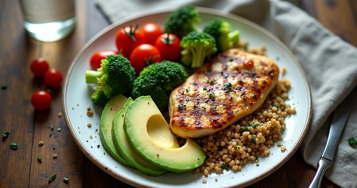 Prato colorido com vegetais, frango grelhado e abacate 