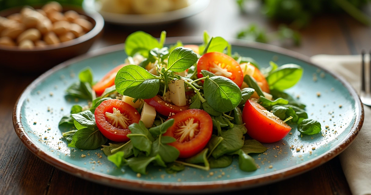 Prato colorido com legumes, frutas e castanhas 