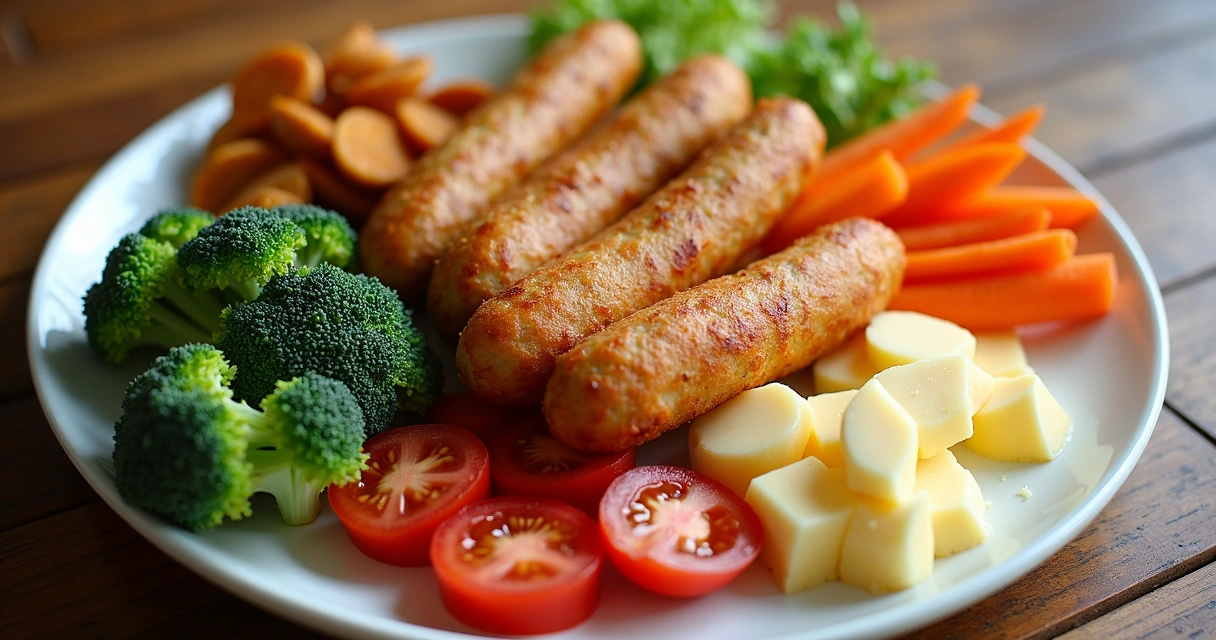 Prato colorido com alimentos industrializados e vegetais variados 