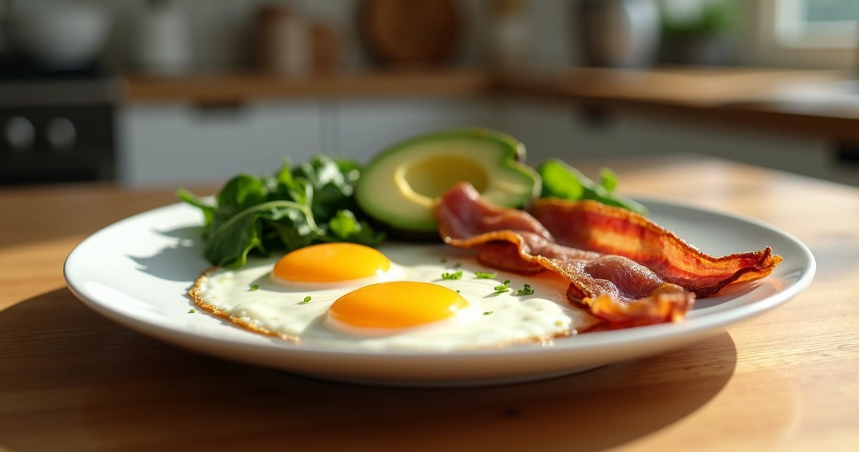 Prato com alimentos típicos da dieta cetogênica, como abacate, ovos, bacon e folhas verdes frescas 