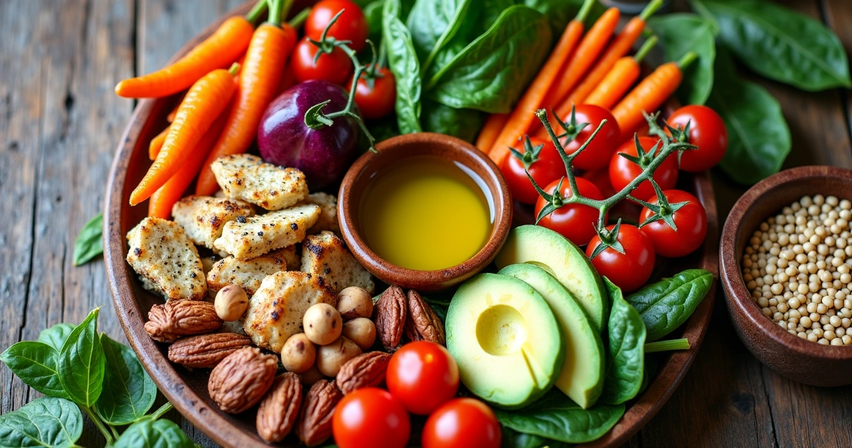 Prato colorido com frutas, vegetais, proteínas magras e gorduras saudáveis em uma mesa rústica.