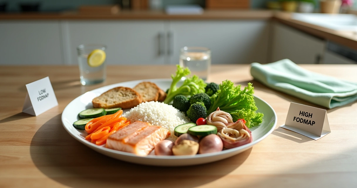 Prato com alimentos frescos organizados em duas seções representando a dieta low FODMAP 