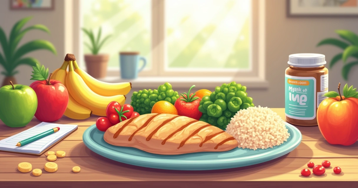 Prato equilibrado com frango grelhado, legumes e arroz integral em uma mesa de madeira.