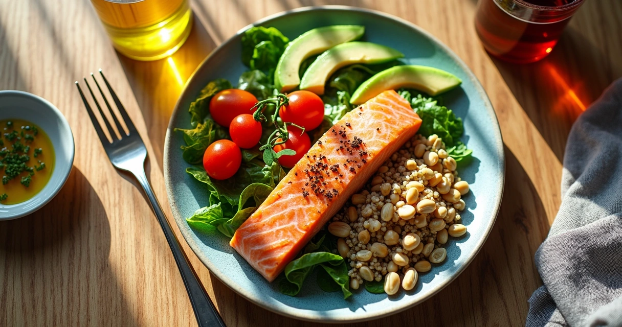 Prato colorido com alimentos naturais, vista de cima, simbolizando equilíbrio. 