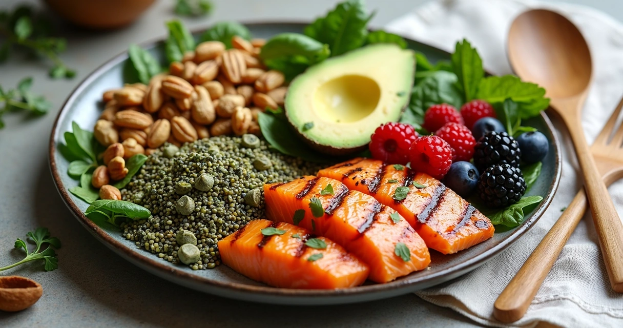 Prato colorido com alimentos funcionais diferentes tipos de sementes verduras e frutas 