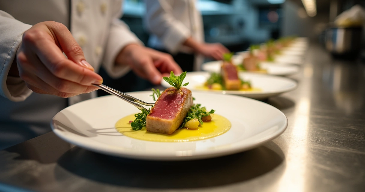 Chef finalizando prato gourmet colorido com pinça em cozinha de restaurante elegante 