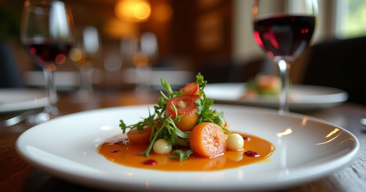 Prato gourmet decorado em restaurante sofisticado. 