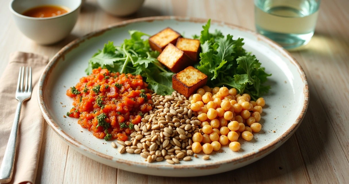 Prato com lentilha, grão-de-bico, tofu e vegetais 