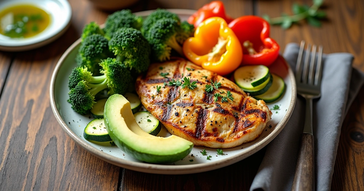 Prato com vegetais, carne e abacate 