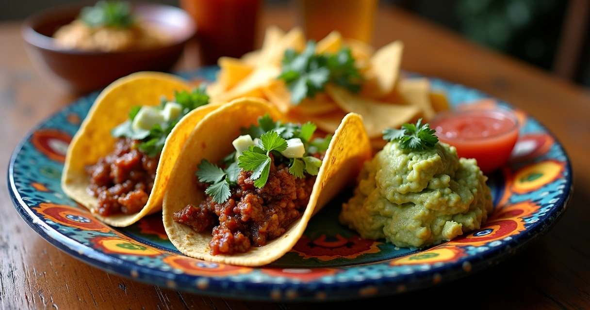 Prato mexicano autêntico servido em prato colorido com tacos, guacamole e nachos 