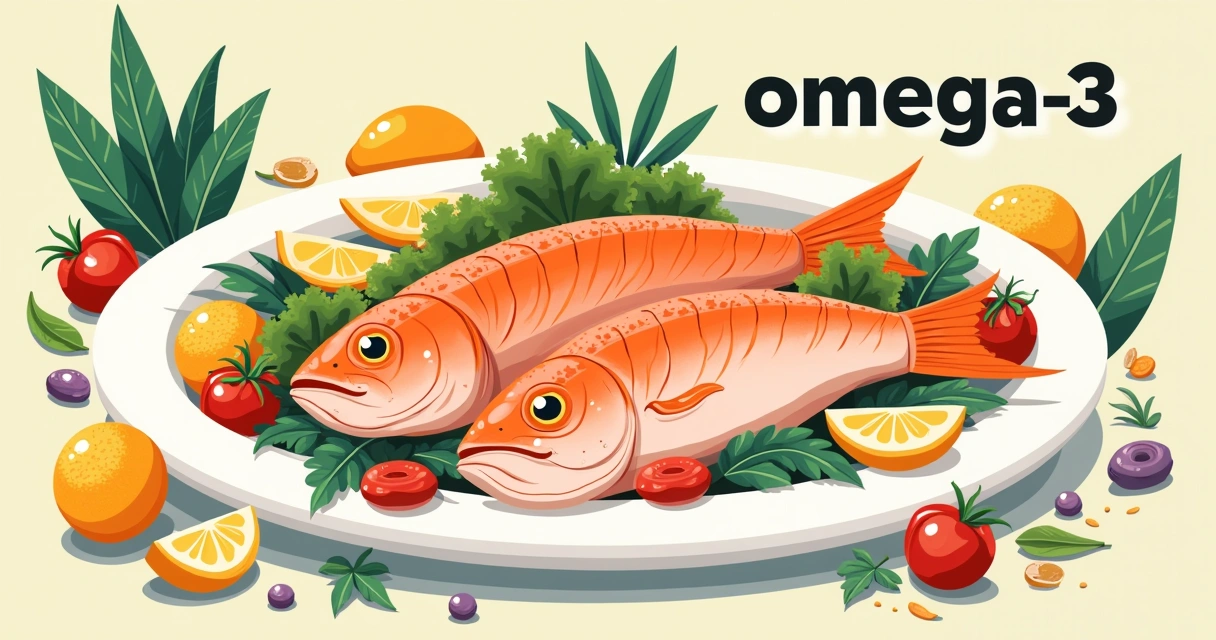 Prato com salmão, sardinha, sementes e nozes, destacando benefícios do ômega-3 em uma alimentação saudável.