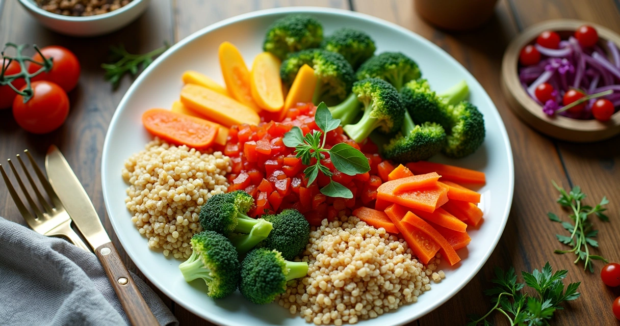 Prato diversificado com vegetais coloridos, legumes e grãos em disposição harmoniosa 