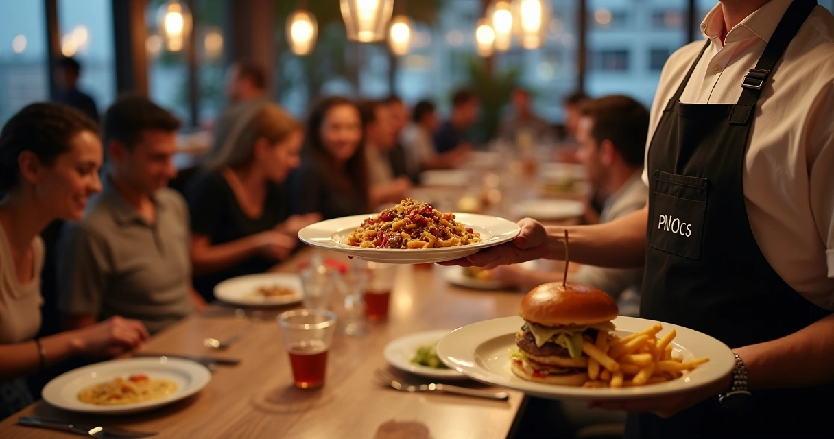 Garçom servindo pratos diferentes em mesa de restaurante, pratos diferentes em destaque. 