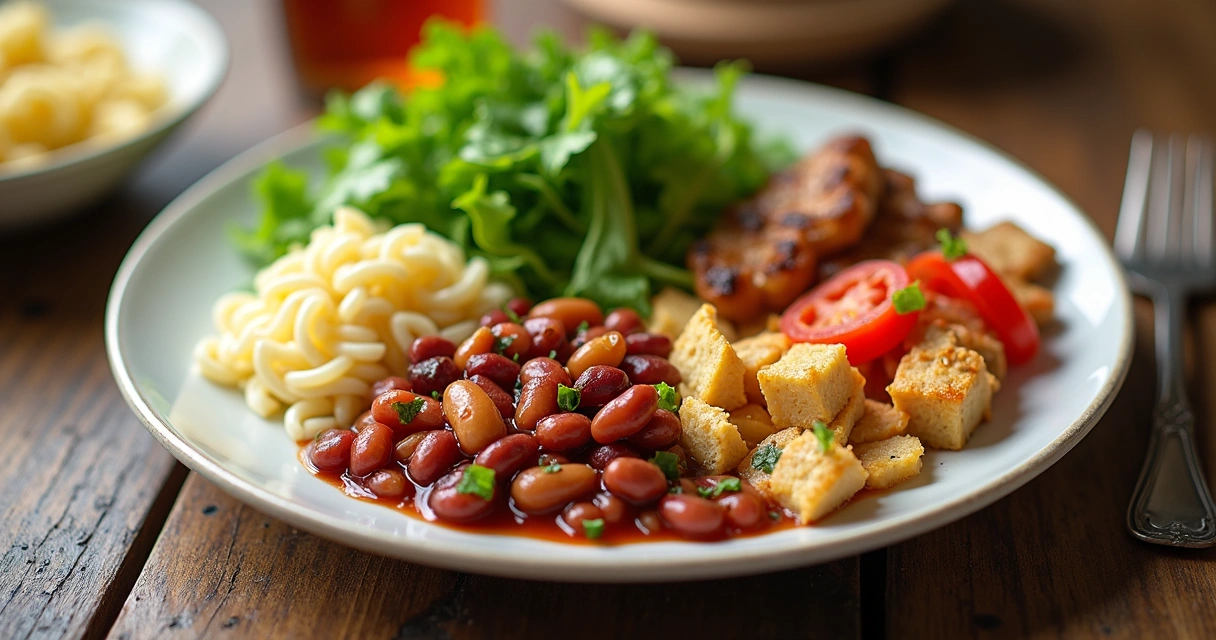Prato colorido com proteínas, salada e massa 