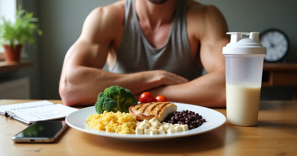 Atleta colocando frango, ovos e feijões em prato equilibrado de proteína 