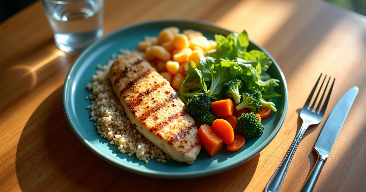 Prato colorido com salada, arroz integral, frango grelhado e legumes 