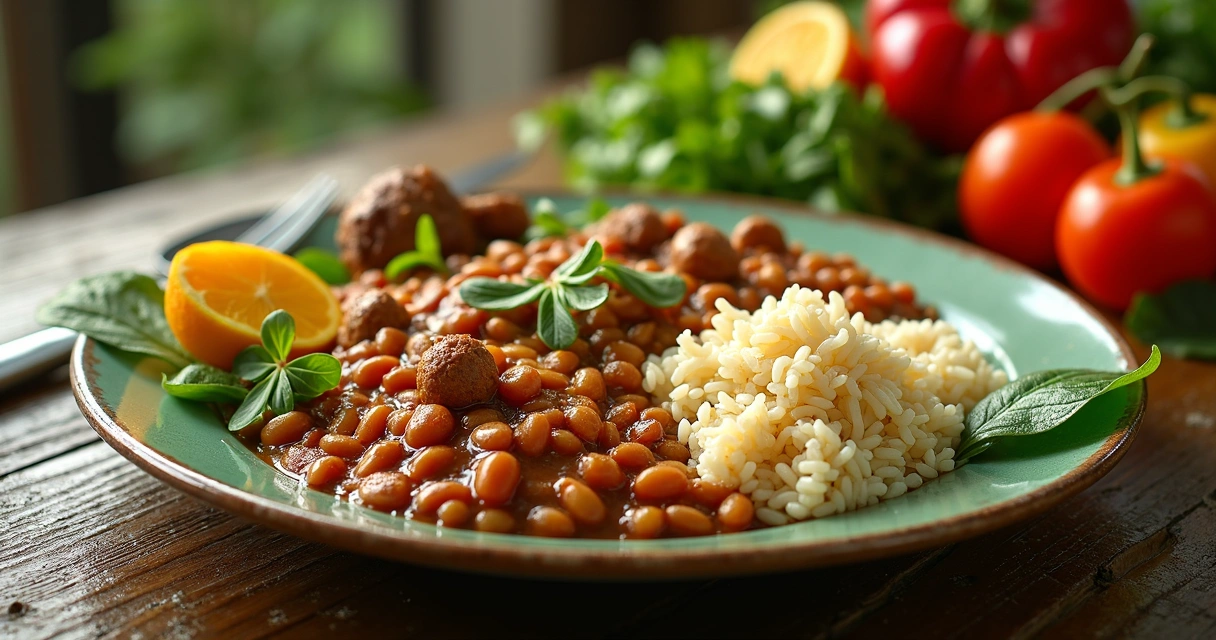 Prato regional brasileiro com arroz, feijão, carnes e folhas de moringa ao lado