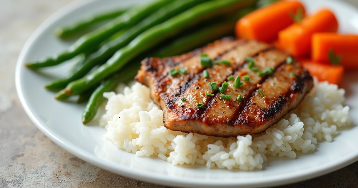 Prato equilibrado com arroz, carne magra e legumes 