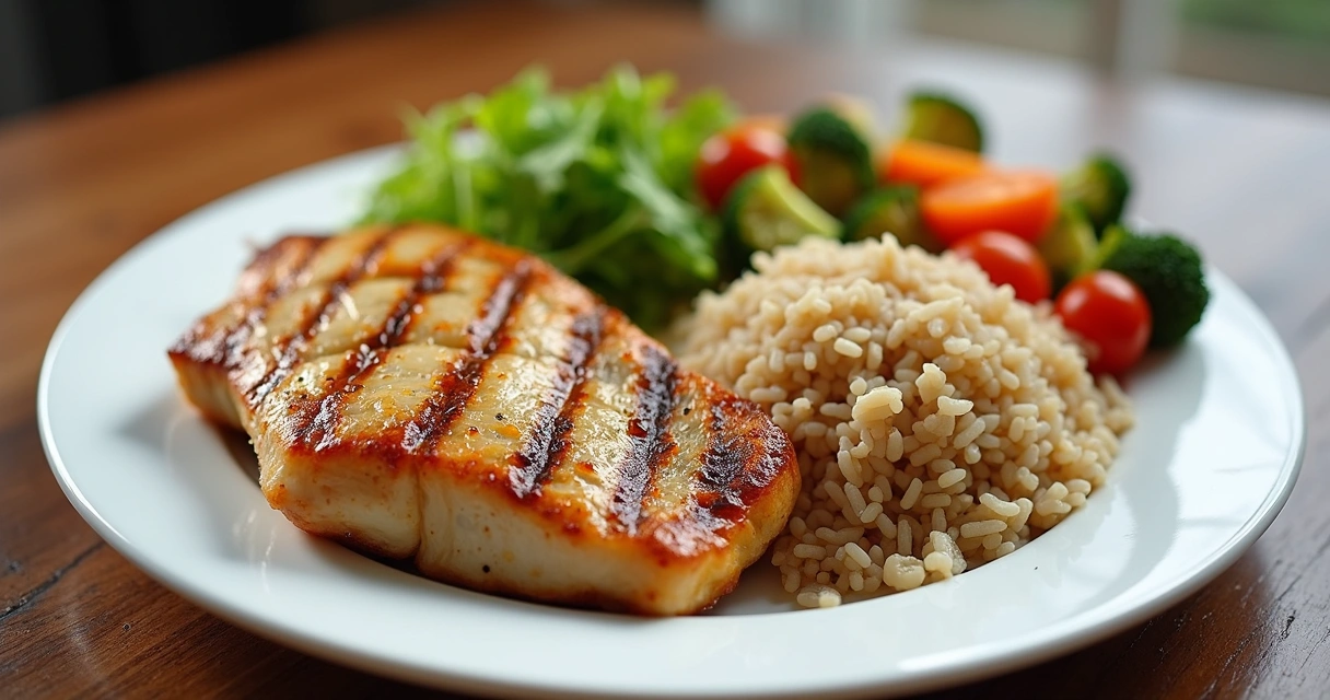 Prato colorido com frango grelhado, peixe, legumes frescos e arroz integral 
