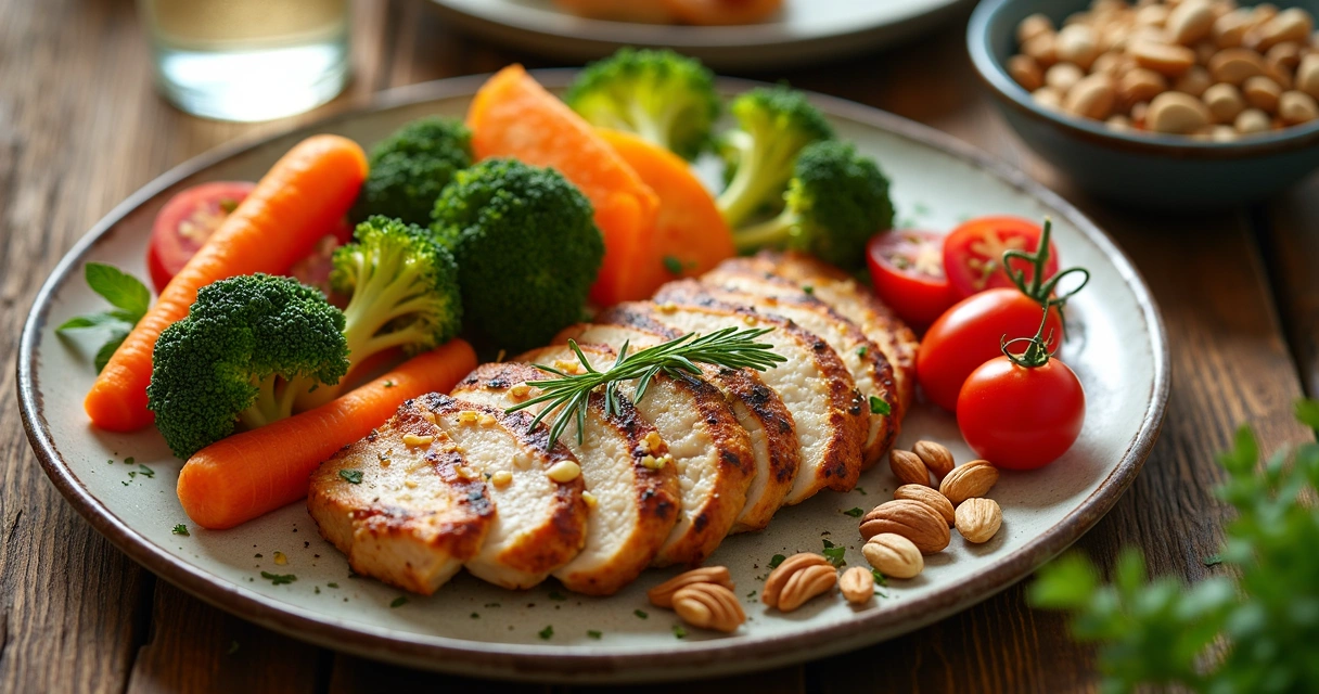 Prato colorido com vegetais, castanhas e proteína mostrando alimentação saudável