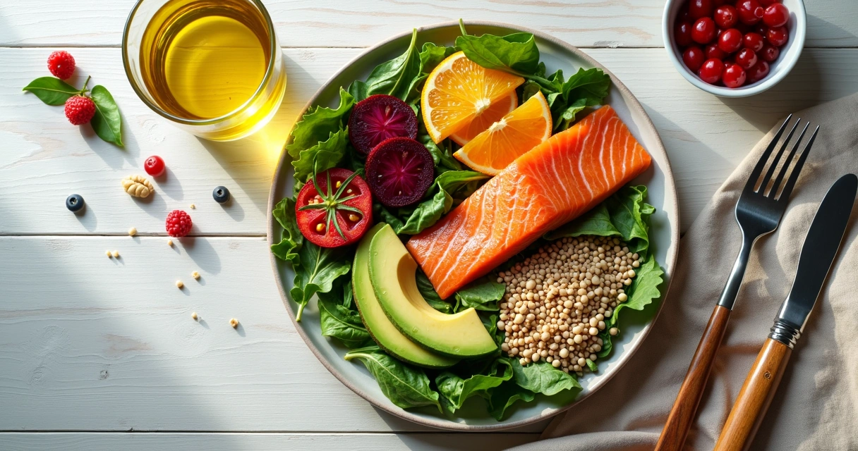 Prato saudável com vegetais, frutas e água sobre mesa clara 