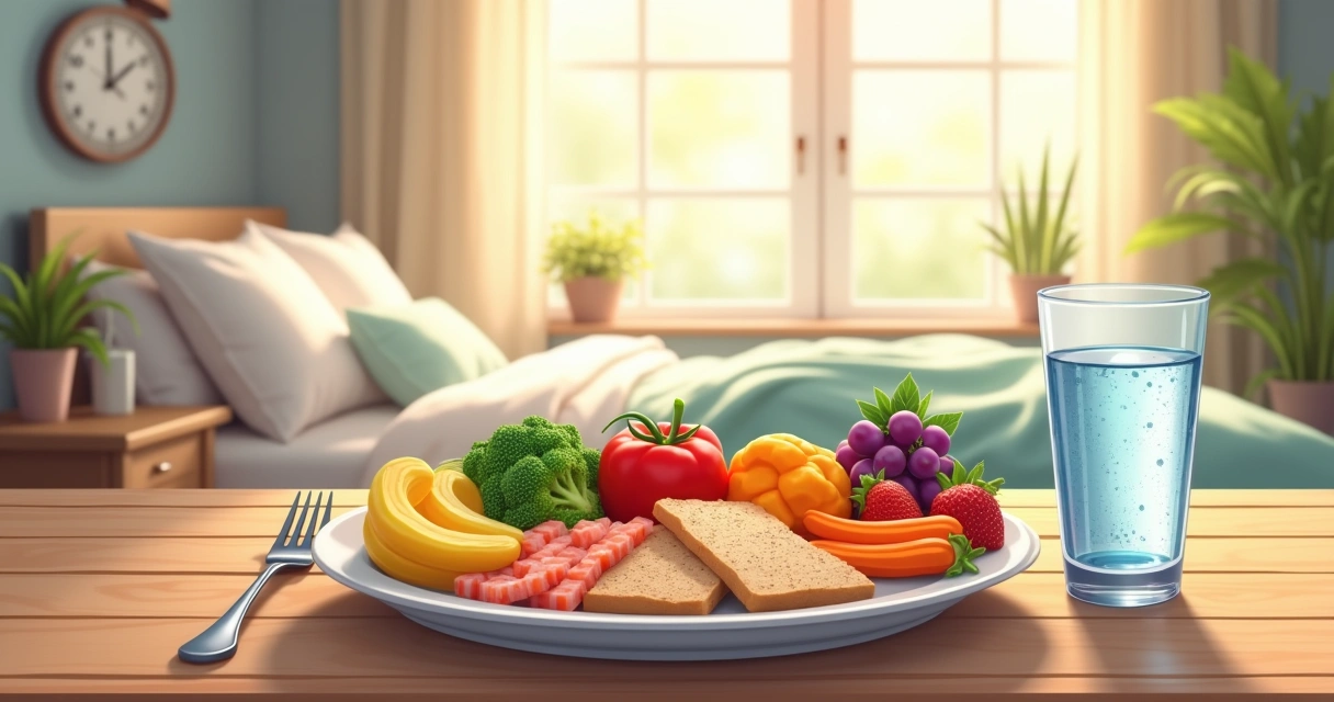 Prato saudável com frutas, vegetais, proteínas e grãos integrais, em um ambiente sereno de cozinha.