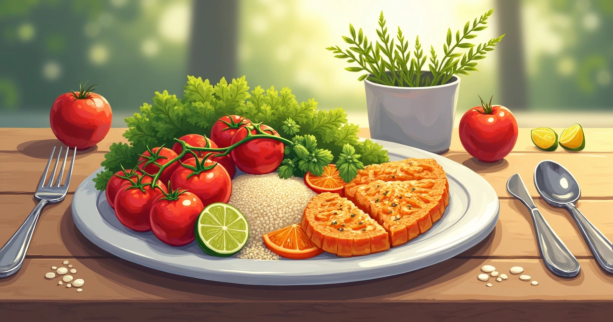 Prato saudável com verduras, frutas, grãos integrais e filé de peixe grelhado em mesa de madeira clara.