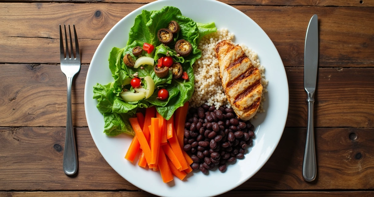 Prato dividido com legumes, proteína magra e grãos integrais, visto de cima. 