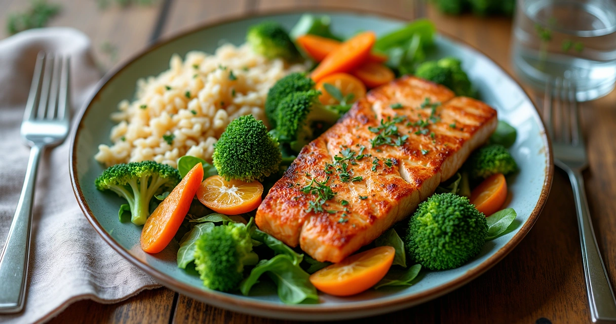 Prato com vegetais, arroz integral e peixe grelhado