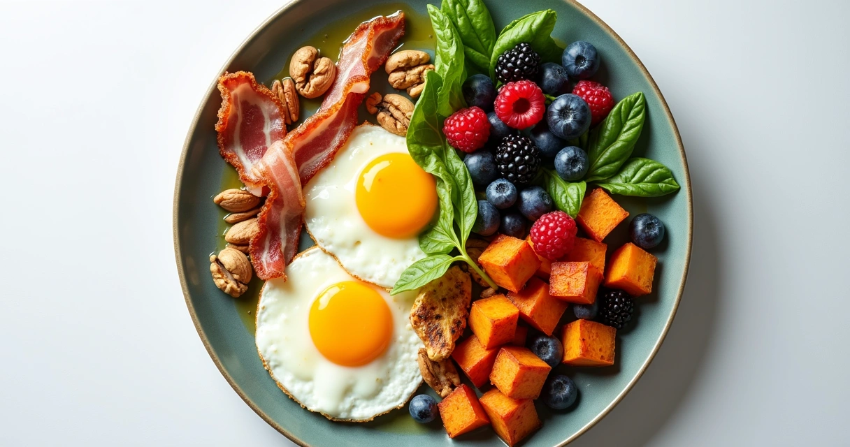 Prato dividido com alimentos de dieta cetogênica de um lado e de low carb do outro 