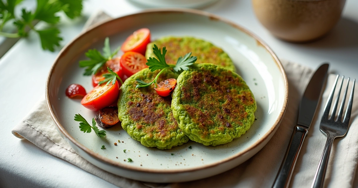 Prato vegano colorido com panquecas verdes de moringa e vegetais assados