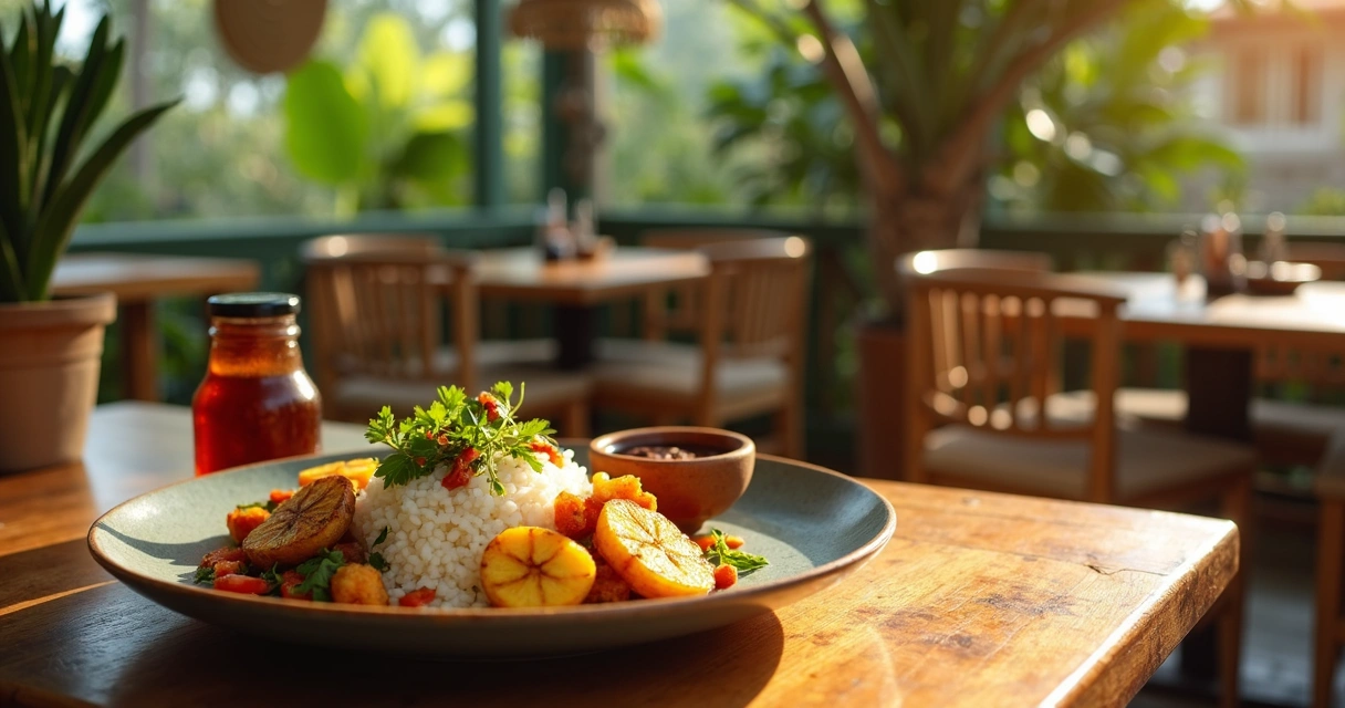 Prato vegano colorido com ingredientes tropicais em restaurante de Ilhéus 