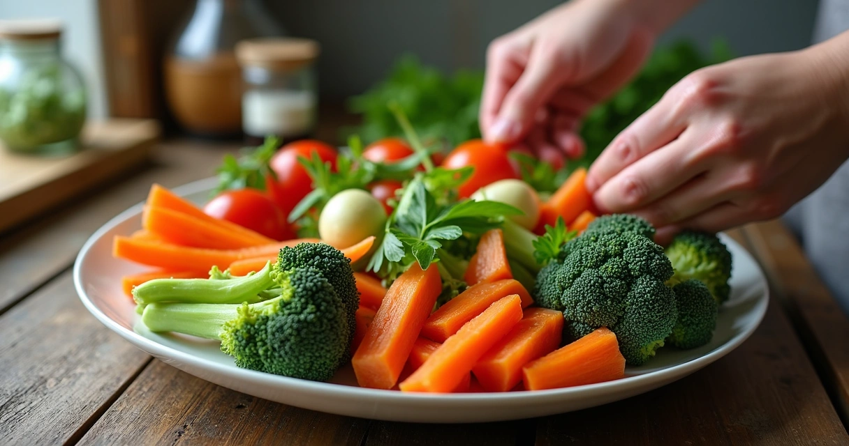 Prato com vegetais coloridos e mãos servindo comida 