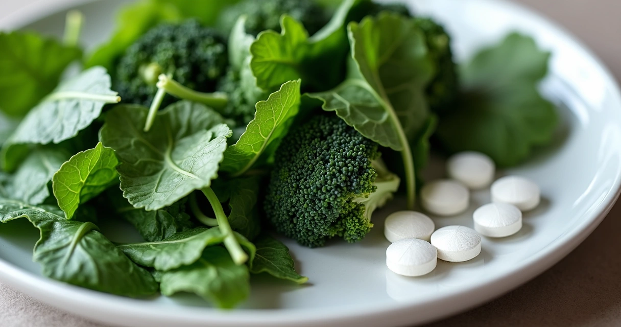 Prato com vegetais verdes ricos em vitamina K ao lado de comprimidos 