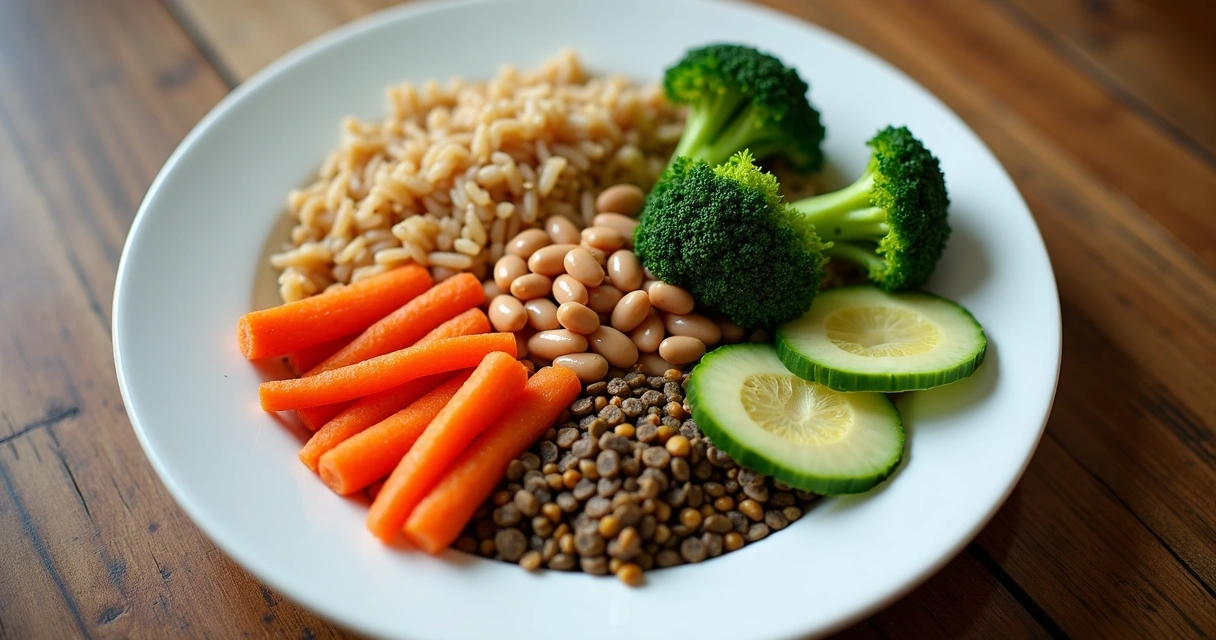 Prato vegetariano montado com feijão, arroz integral, legumes variados e folhas verdes. 