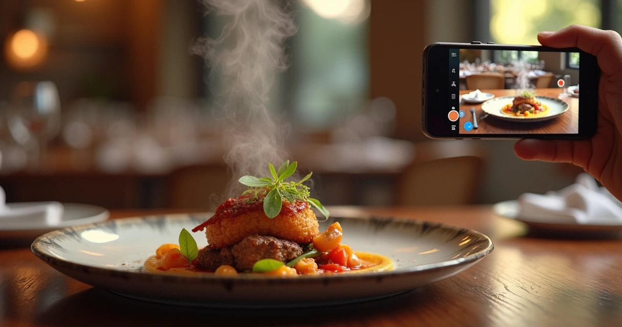 Prato sofisticado sendo fotografado para rede social em restaurante 