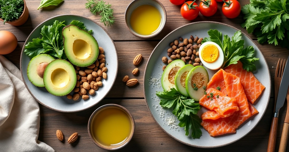 Pratos com alimentos frescos e variados da dieta cetogênica, como abacate, ovos, nozes e salmão 