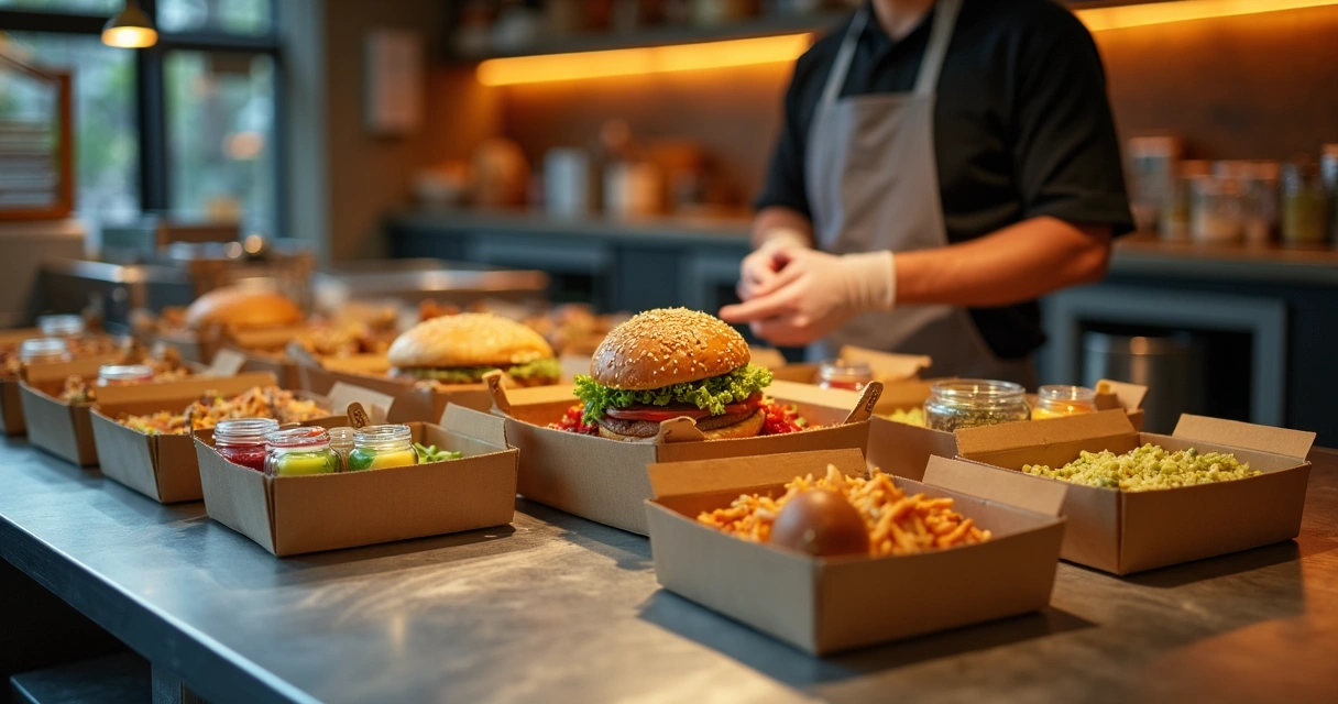 Bancada com combos de delivery organizados com destaque para ingredientes pouco usados 