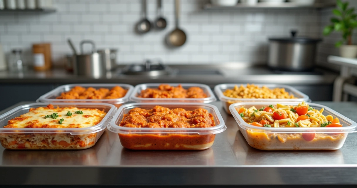 Pratos congelados variados em embalagens transparentes empilhadas