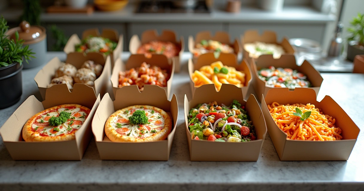 Pratos variados em embalagens de delivery organizados em uma bancada 