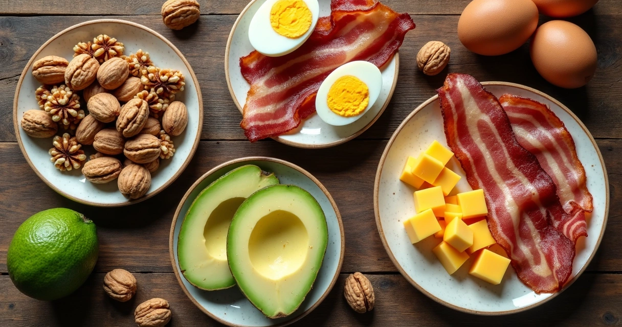 Vários pratos com alimentos da dieta cetogênica, como abacate, ovos, bacon e nozes, dispostos sobre mesa rústica de madeira 