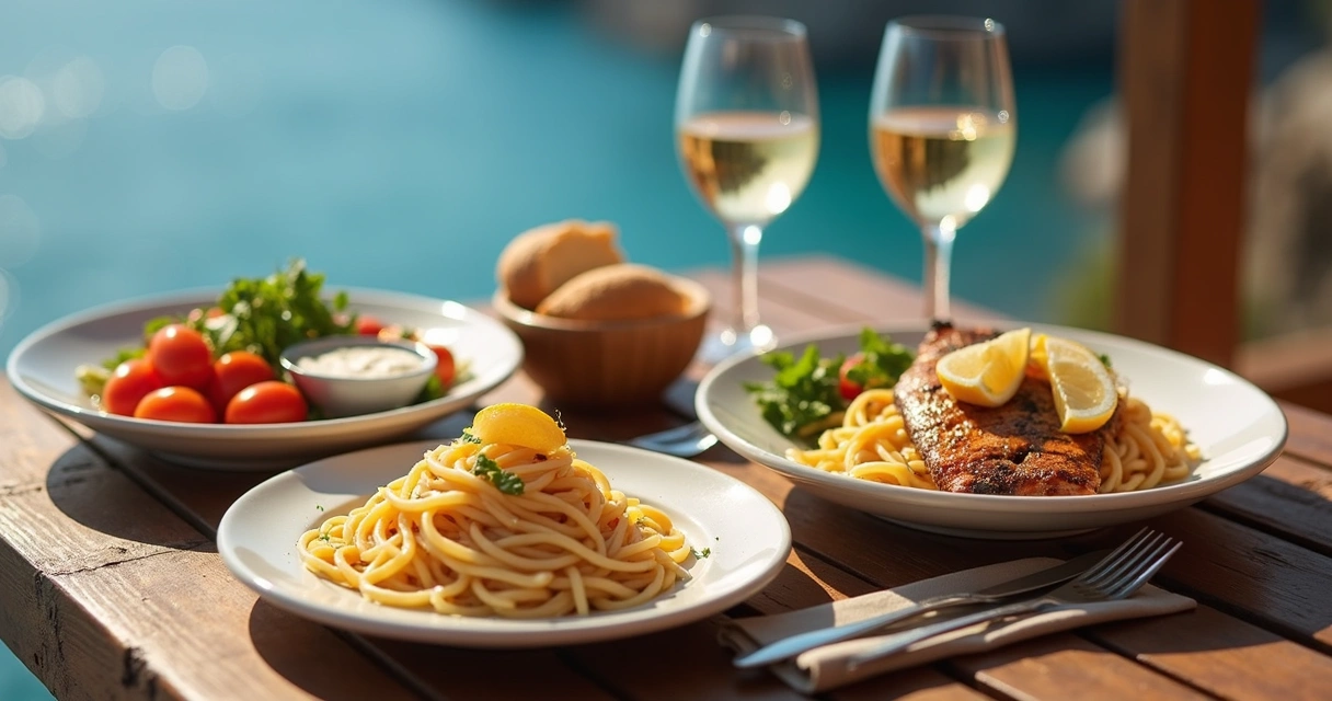 Pratos de frutos do mar e massa em mesa da Costa Amalfitana 