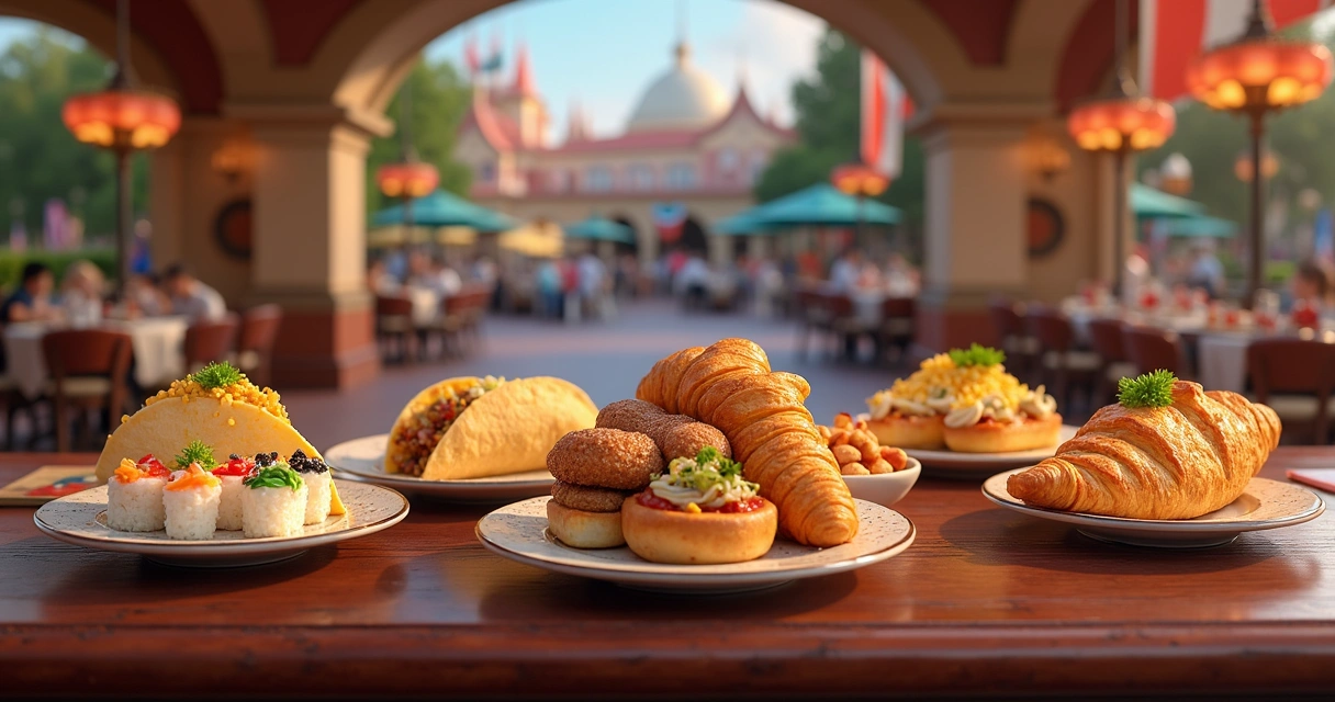 Pratos típicos de diferentes países alinhados em balcão do Epcot 