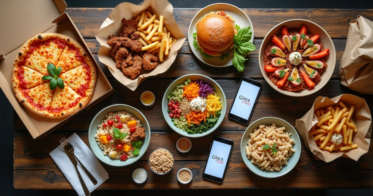 Mesa vista de cima com vários pratos populares de delivery variados 