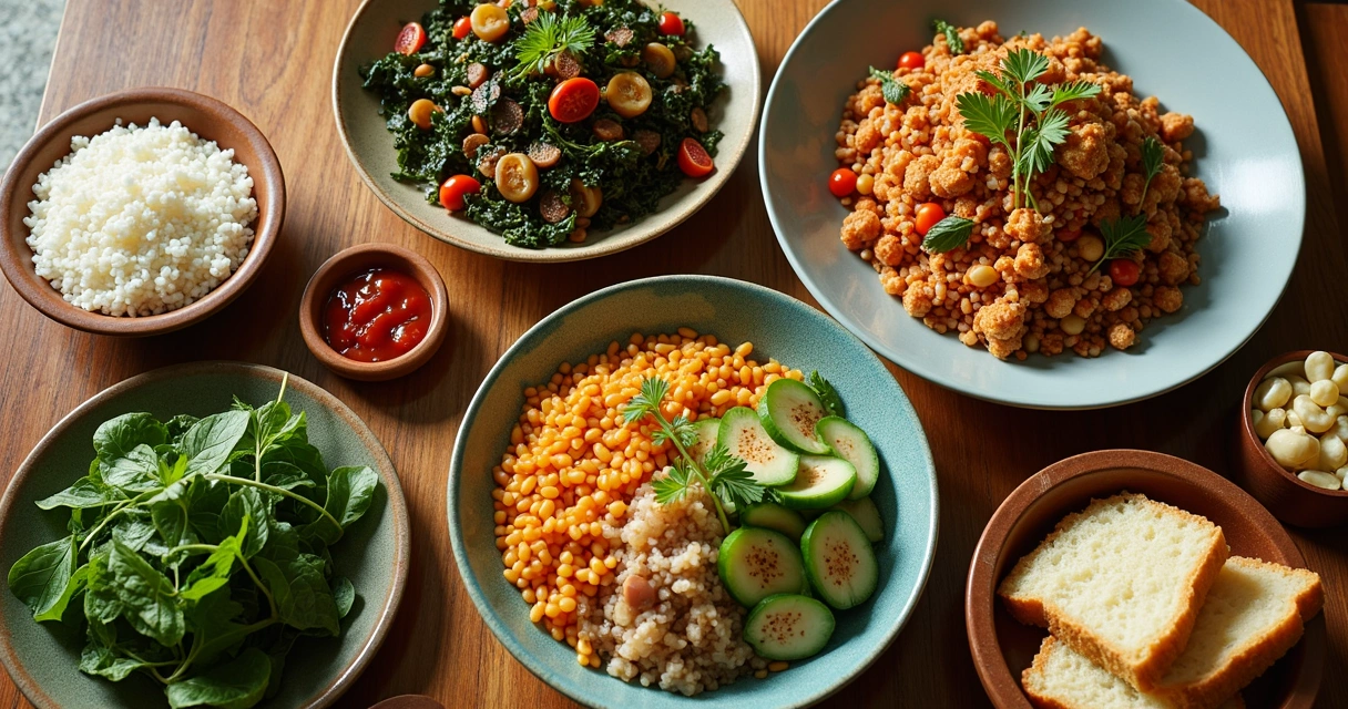 Pratos coloridos com ingredientes frescos e naturais, em uma mesa de madeira clara
