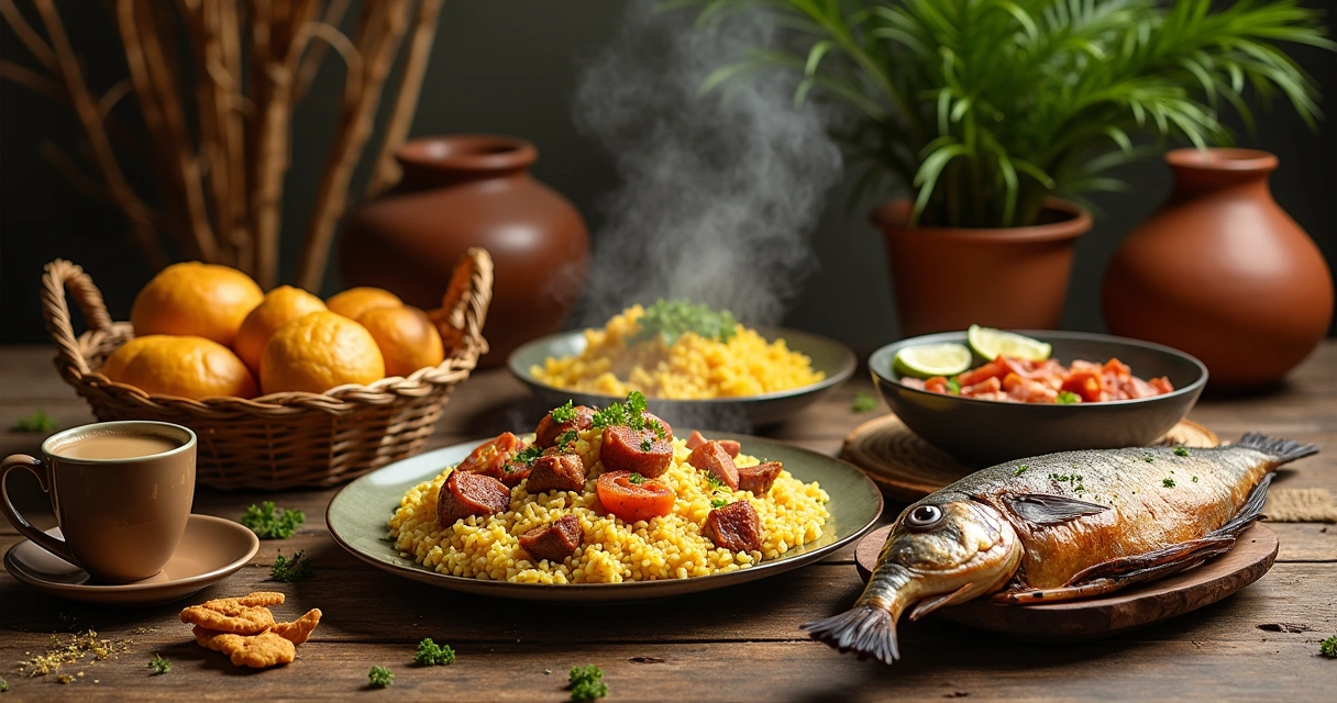 Mesa de jantar com pratos tradicionais do Mato Grosso do Sul, incluindo Arroz Carreteiro, Chipa e Pacú Assado.