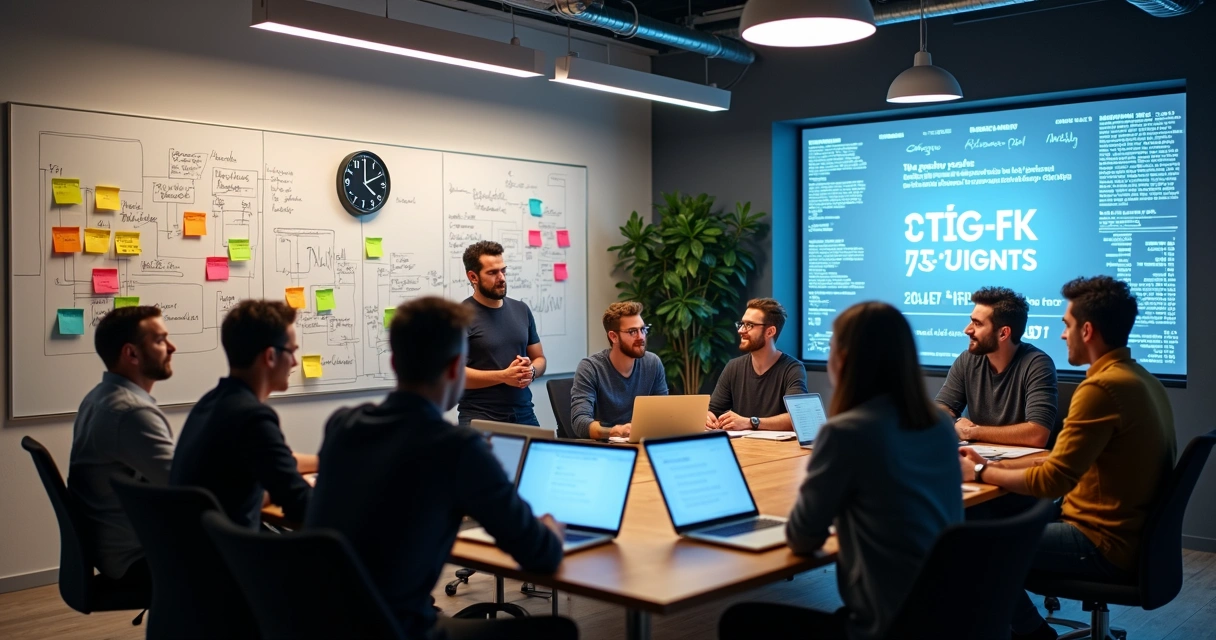 Equipe reunida em sala de reunião com quadro branco e relógio de parede, discutindo desenvolvimento de software com recursos visuais de prazos na parede 